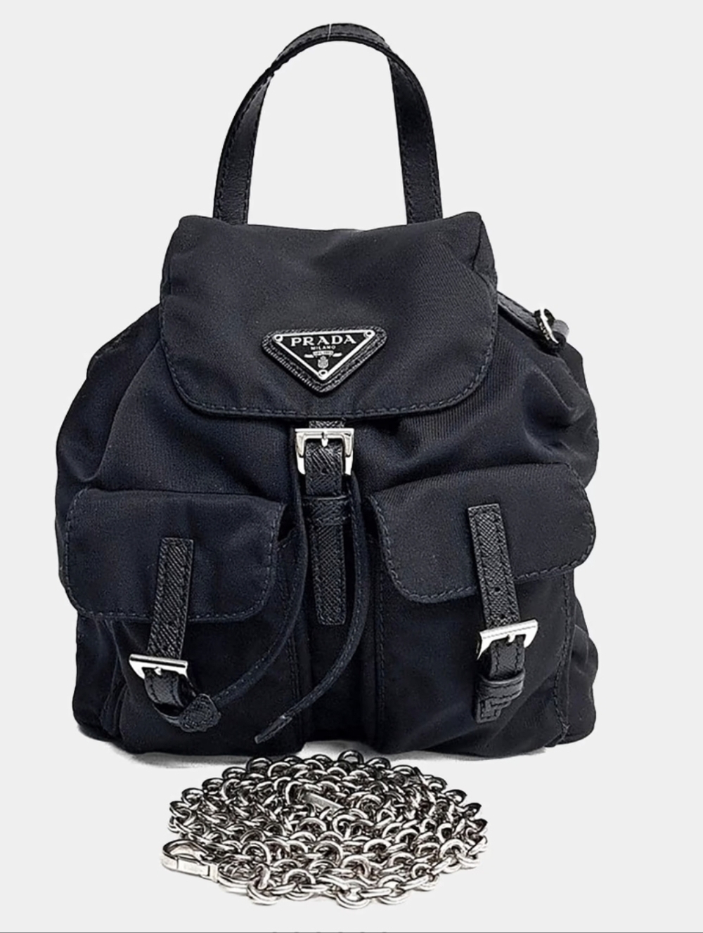Prada Mini Re- Nylon Backpack Chain Crossbody Bag Silver /black - Picture 4 of 16